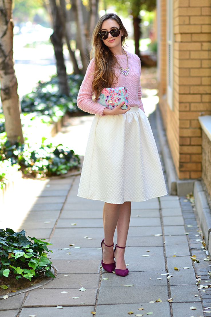Arum Lilea - pink knit - white midi skirt