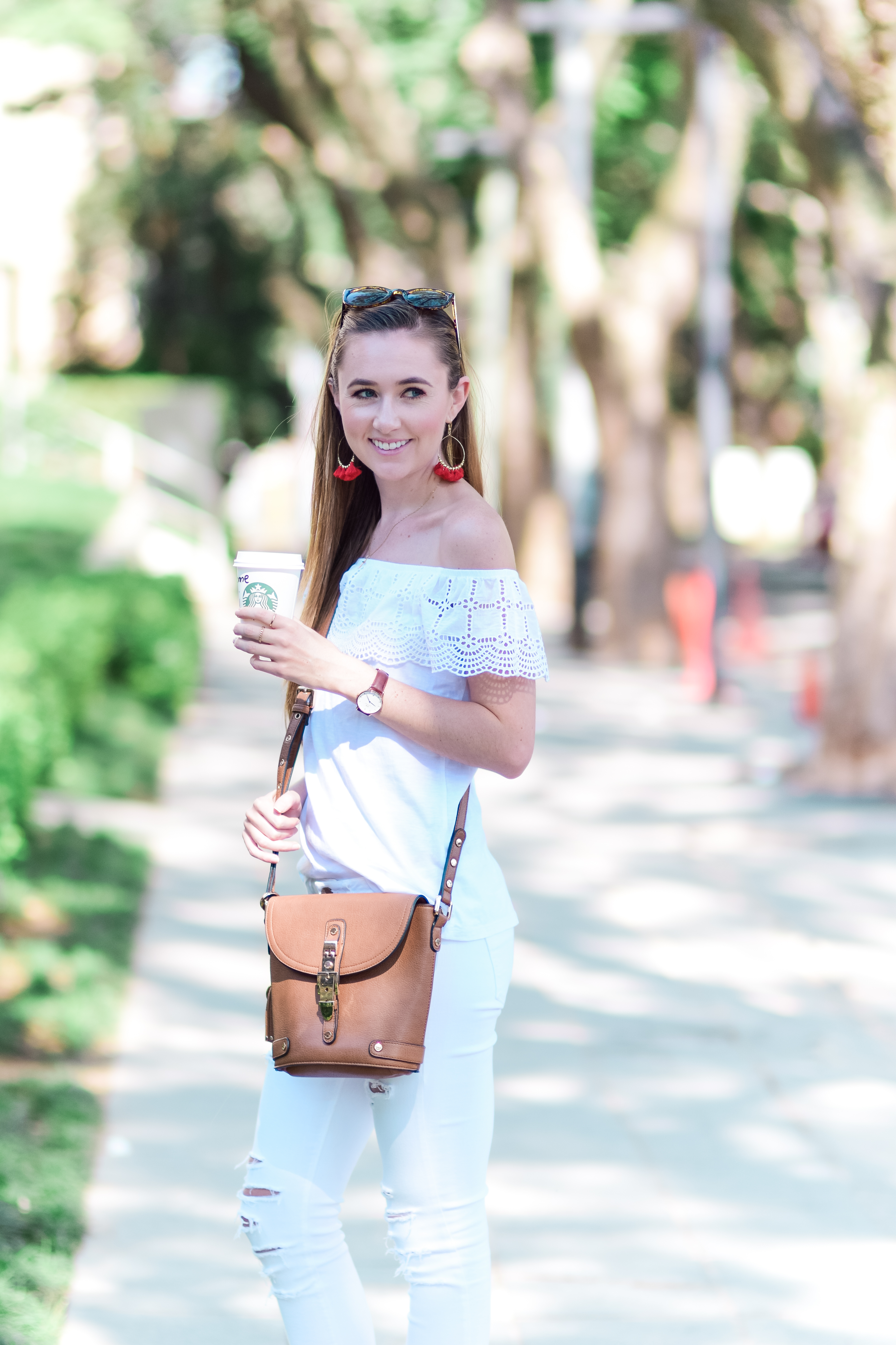 An all-white look is my go-to choice when it comes to my ultimate weekend wear.  Whether with an off-the-shoulder top like the one I'm wearing here or a bodysuit and a great pair with white denim jeans, I know that I can pull a look together in next to no time